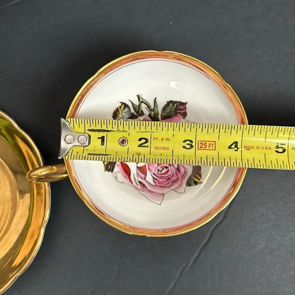 Vintage Taylor & Kent Large Pink Cabbage Rose Tea Cup Saucer Heavy Gold Signed